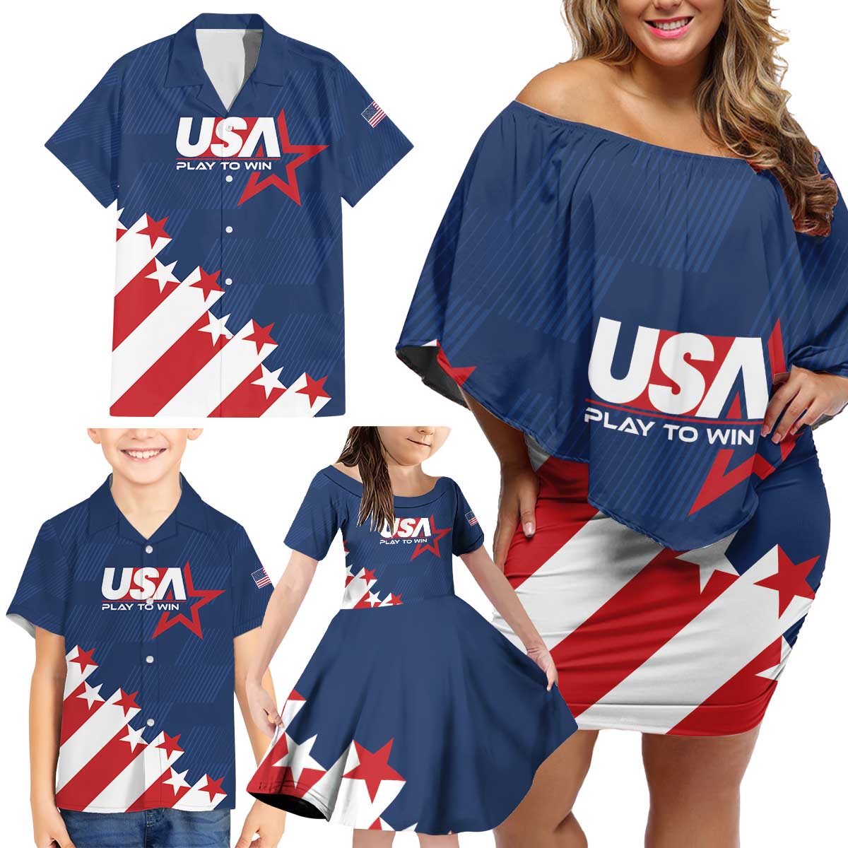 Custom USA Soccer Family Matching Off Shoulder Short Dress and Hawaiian Shirt Play To Win - Wonder Print Shop