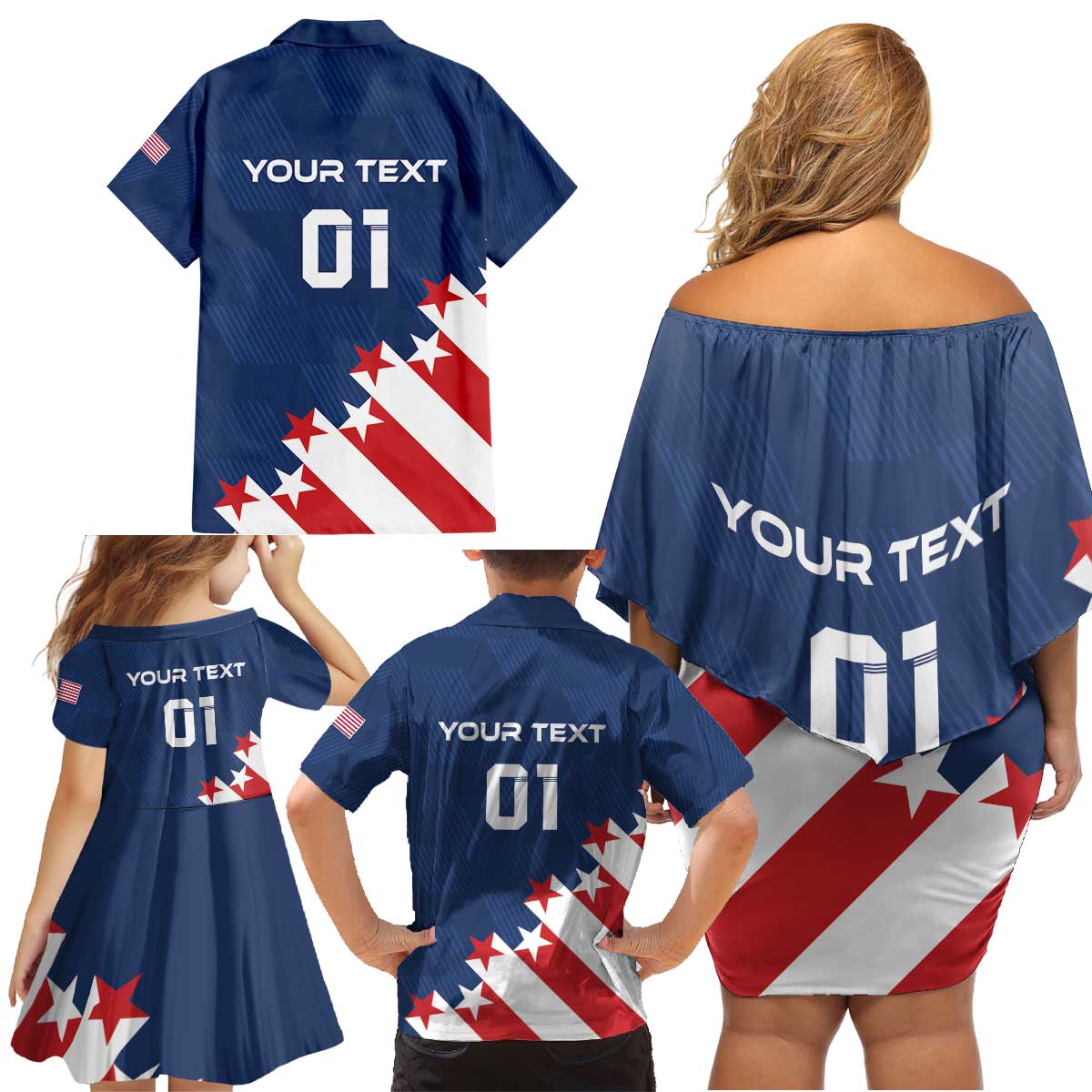Custom USA Soccer Family Matching Off Shoulder Short Dress and Hawaiian Shirt Play To Win - Wonder Print Shop