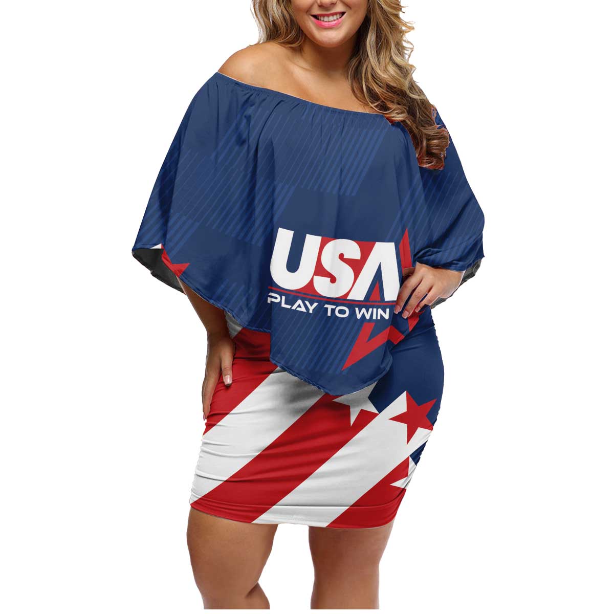 Custom USA Soccer Family Matching Off Shoulder Short Dress and Hawaiian Shirt Play To Win - Wonder Print Shop