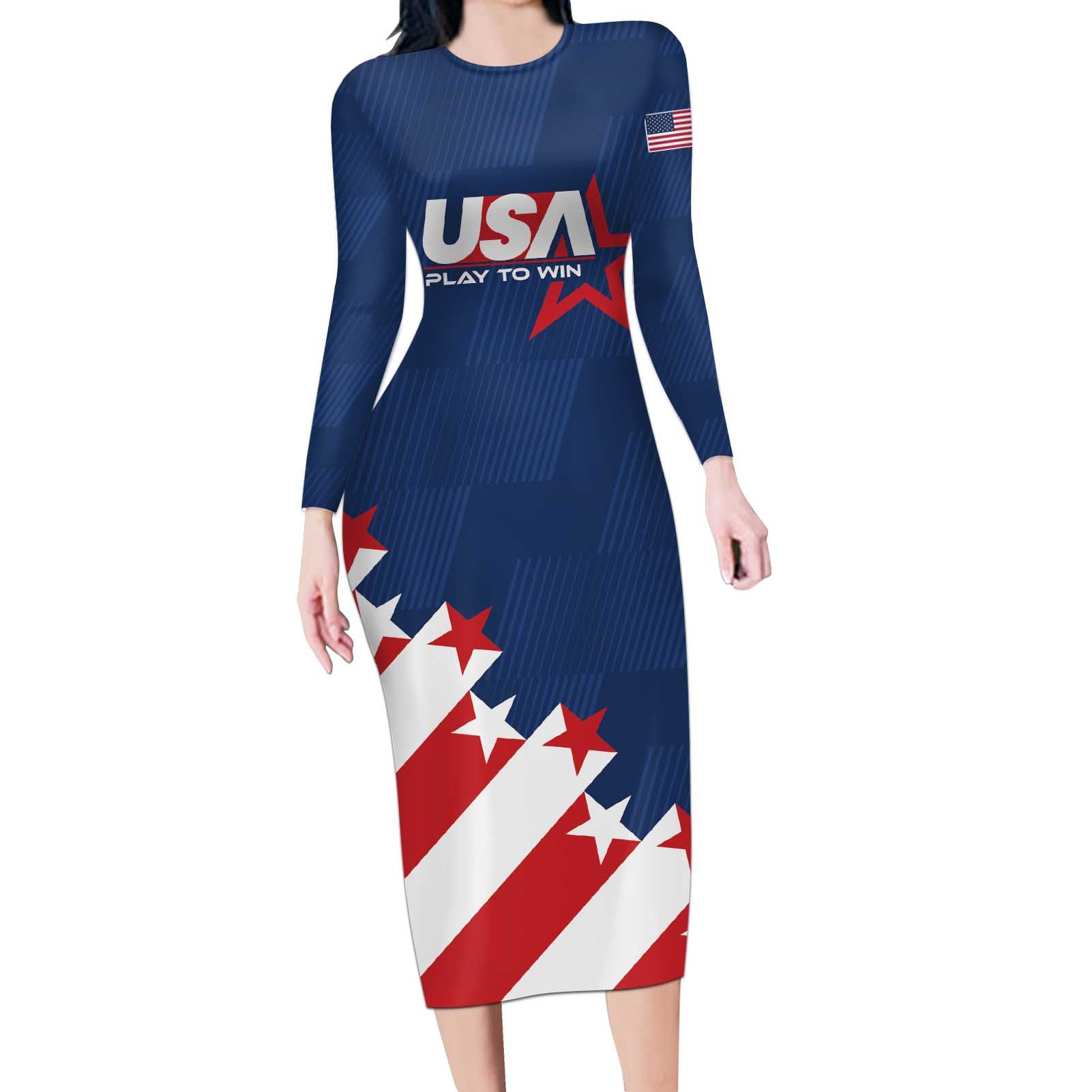Custom USA Soccer Long Sleeve Bodycon Dress Play To Win - Wonder Print Shop