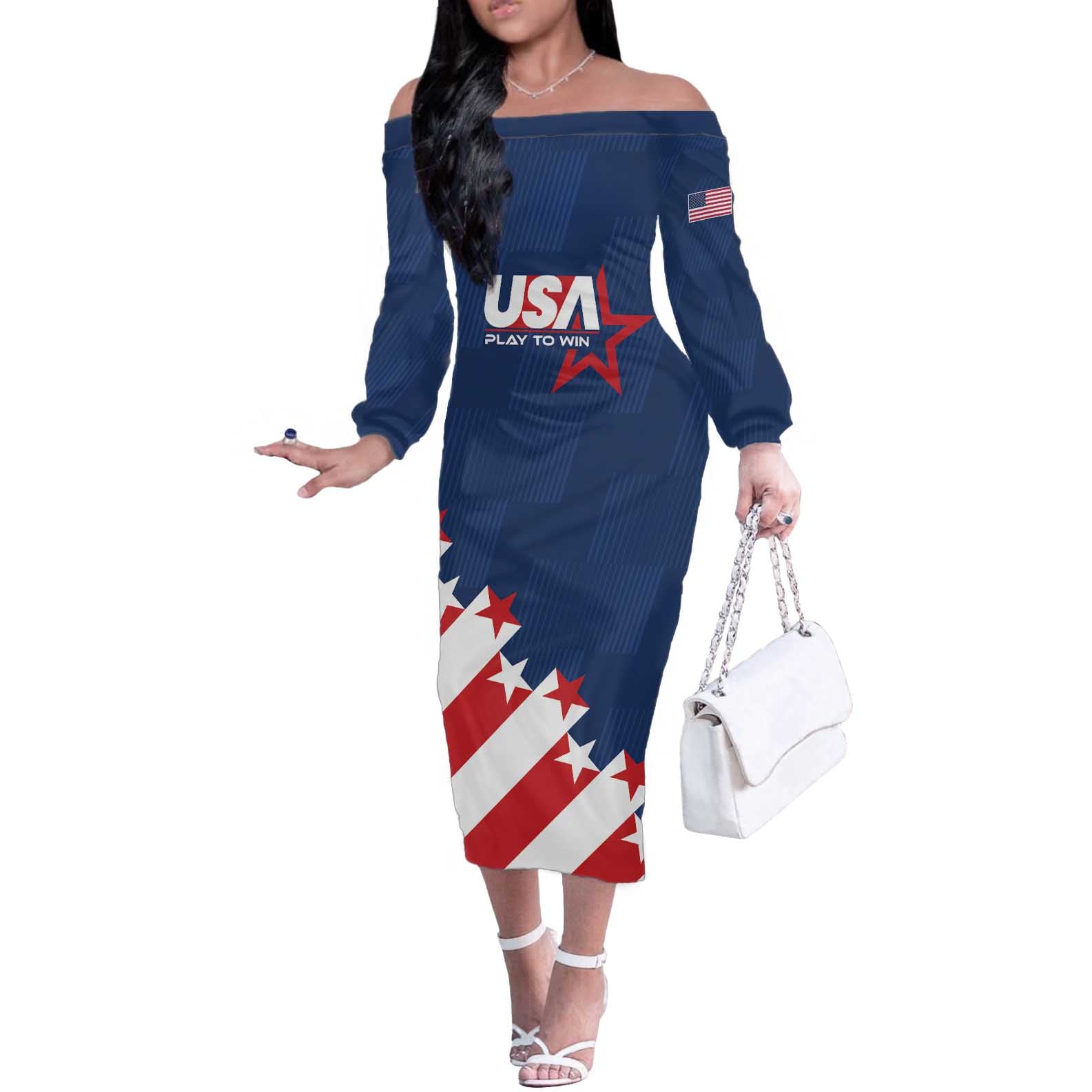 Custom USA Soccer Off The Shoulder Long Sleeve Dress Play To Win - Wonder Print Shop