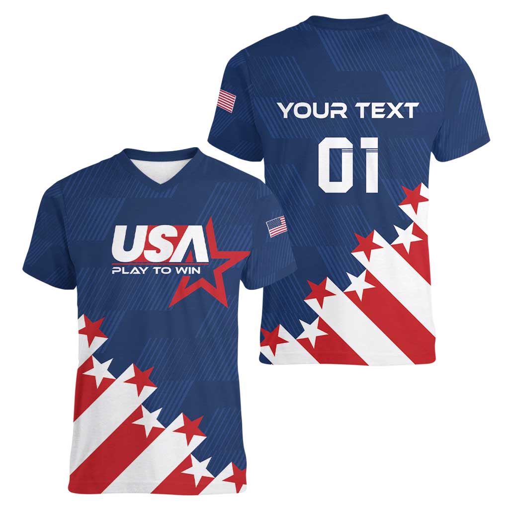Custom USA Soccer Women V-Neck T-Shirt Play To Win - Wonder Print Shop