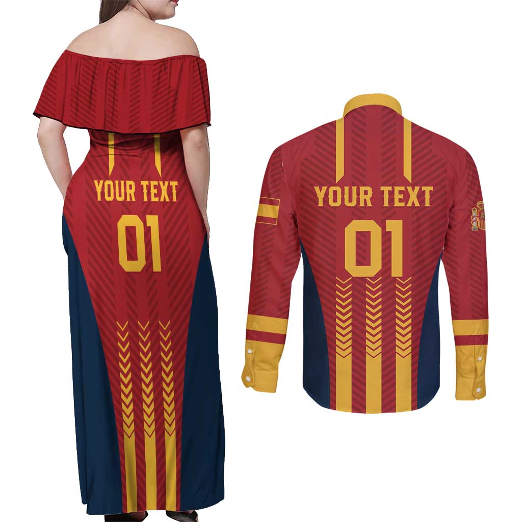 Custom Spain Football Couples Matching Off Shoulder Maxi Dress and Long Sleeve Button Shirt Go La Rojita - Wonder Print Shop