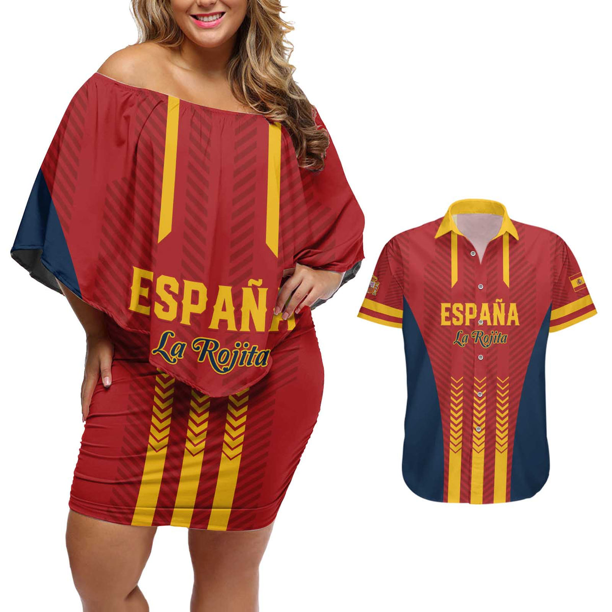 Custom Spain Football Couples Matching Off Shoulder Short Dress and Hawaiian Shirt Go La Rojita - Wonder Print Shop
