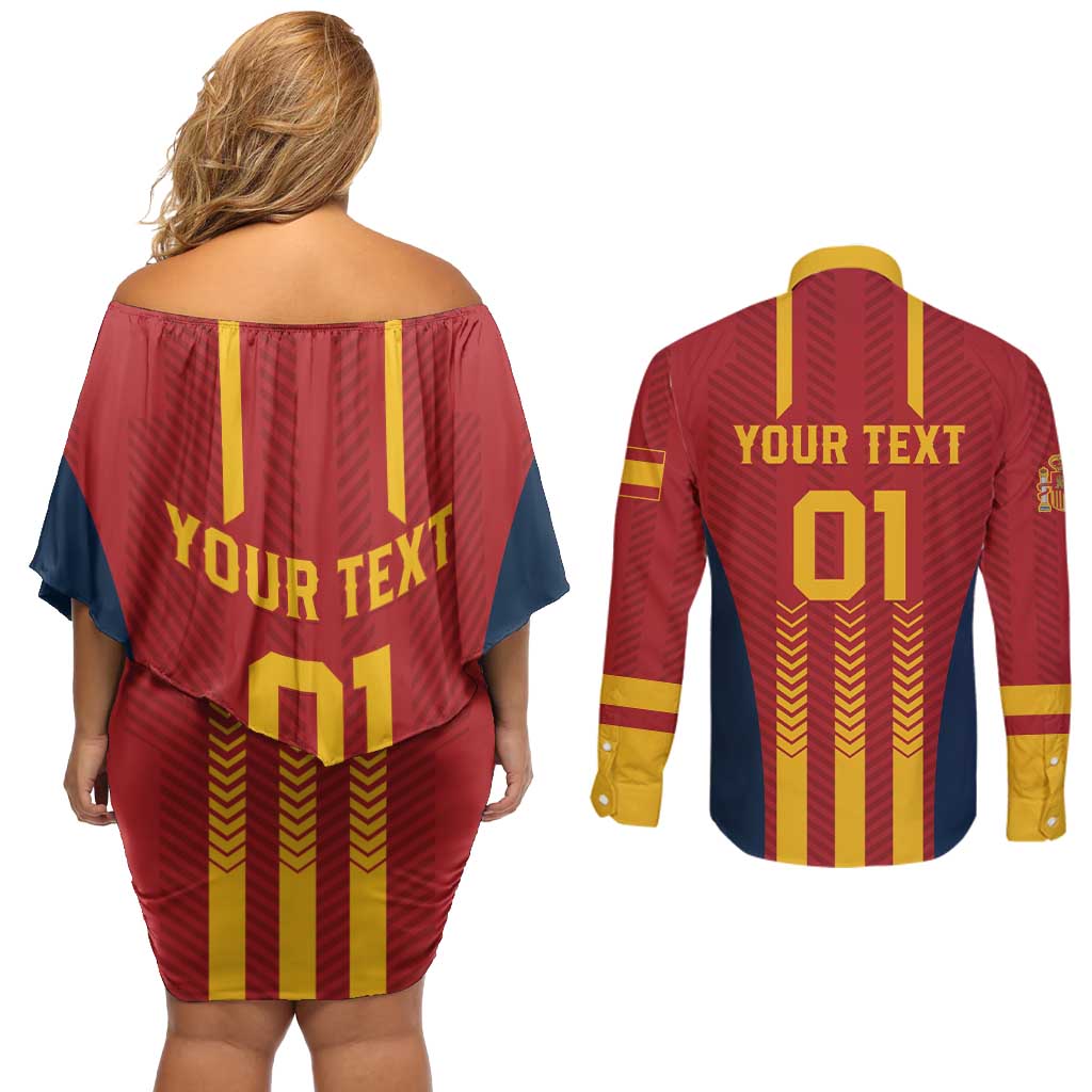 Custom Spain Football Couples Matching Off Shoulder Short Dress and Long Sleeve Button Shirt Go La Rojita - Wonder Print Shop