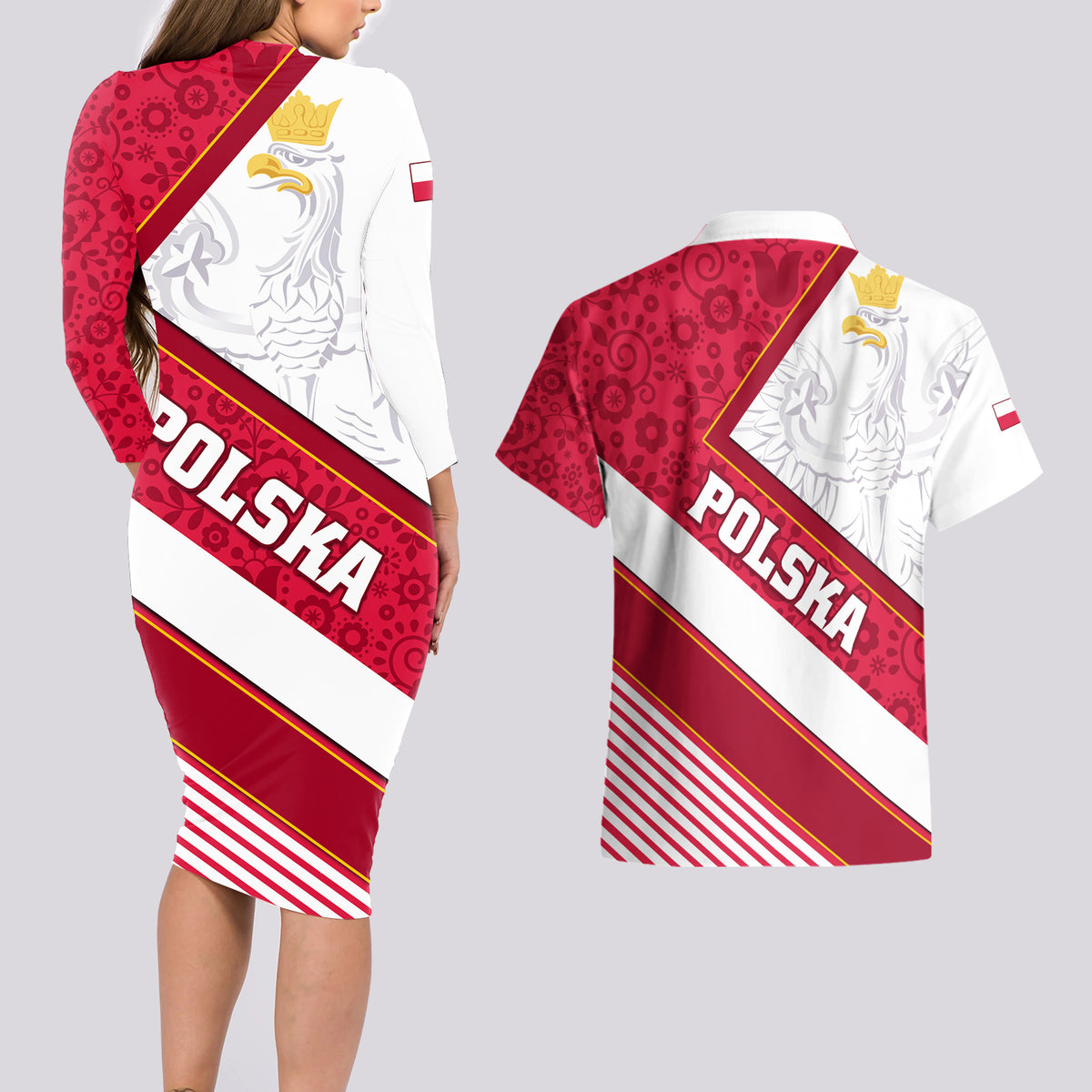 Poland Independence Day Couples Matching Long Sleeve Bodycon Dress and Hawaiian Shirt Polska White Eagle Polish Floral Pattern - Wonder Print Shop