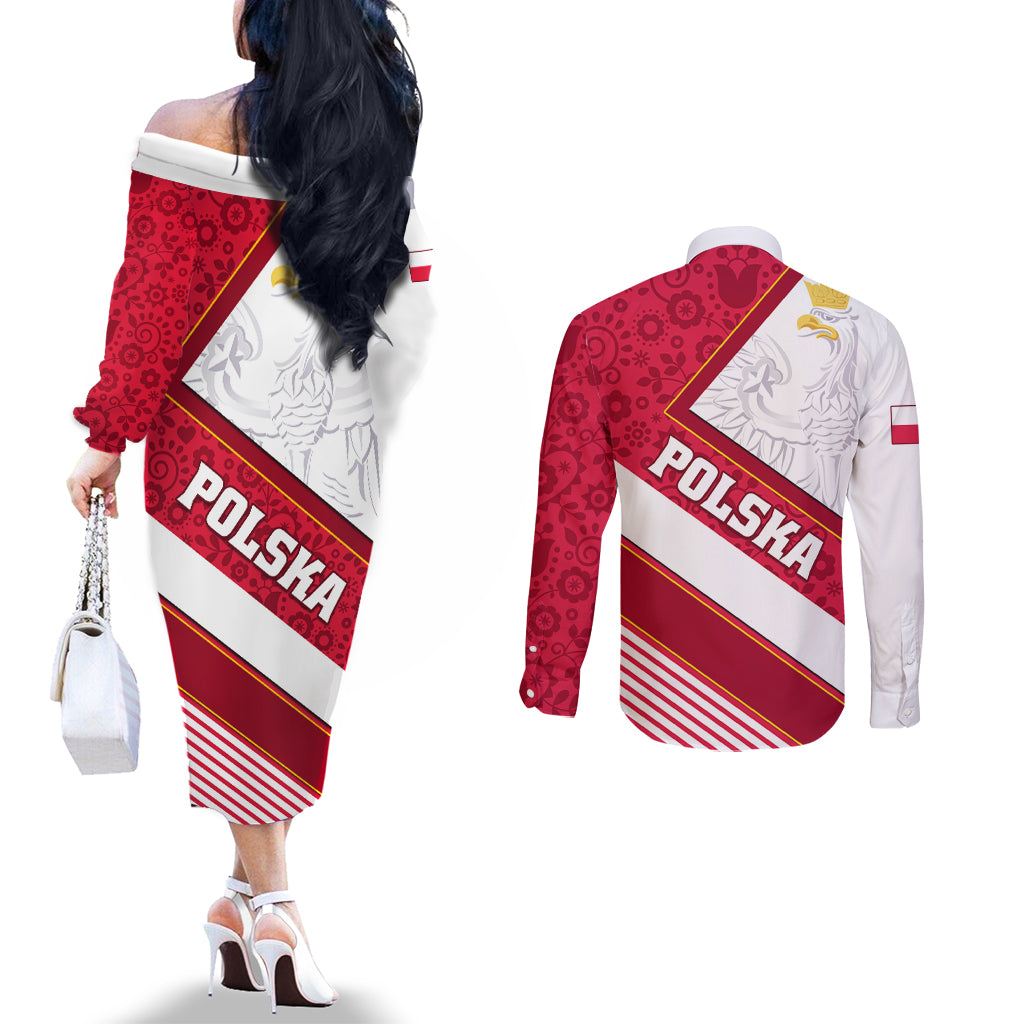 poland-independence-day-couples-matching-off-the-shoulder-long-sleeve-dress-and-long-sleeve-button-shirts-polska-white-eagle-polish-floral-pattern