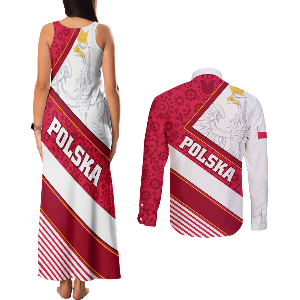 Poland Independence Day Couples Matching Tank Maxi Dress and Long Sleeve Button Shirts Polska White Eagle Polish Floral Pattern - Wonder Print Shop