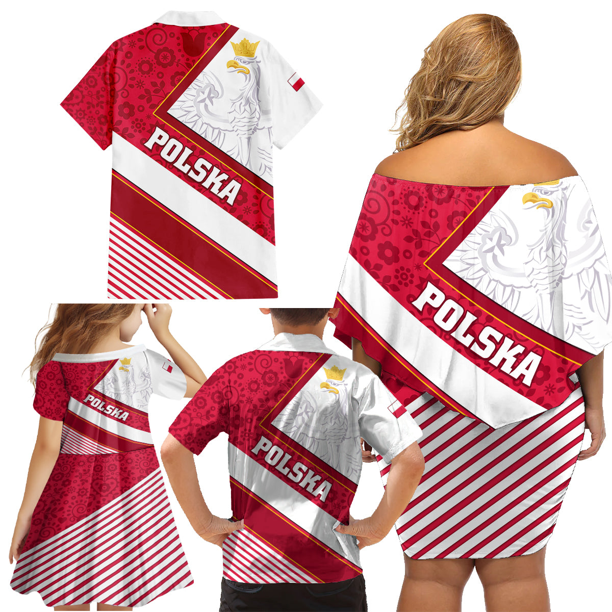 Poland Independence Day Family Matching Off Shoulder Short Dress and Hawaiian Shirt Polska White Eagle Polish Floral Pattern - Wonder Print Shop