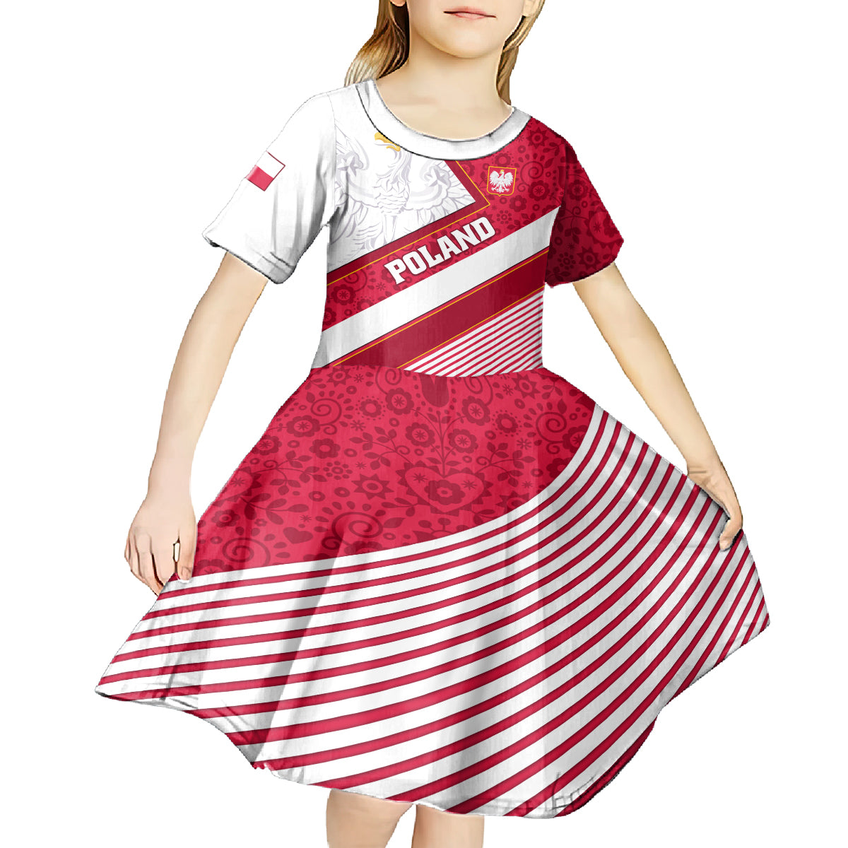 Poland Independence Day Kid Short Sleeve Dress Polska White Eagle Polish Floral Pattern - Wonder Print Shop