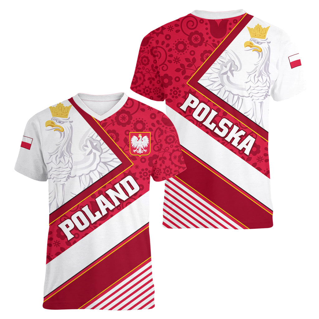 Poland Independence Day Women V Neck T Shirt Polska White Eagle Polish Floral Pattern - Wonder Print Shop