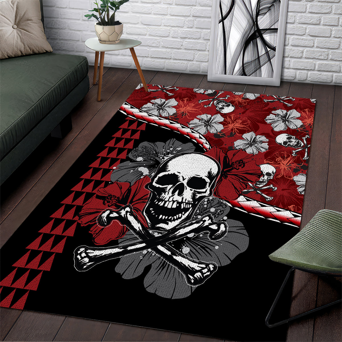 Hawaii Halloween Area Rug Hibiscus Skull Kakau Pattern - Wonder Print Shop