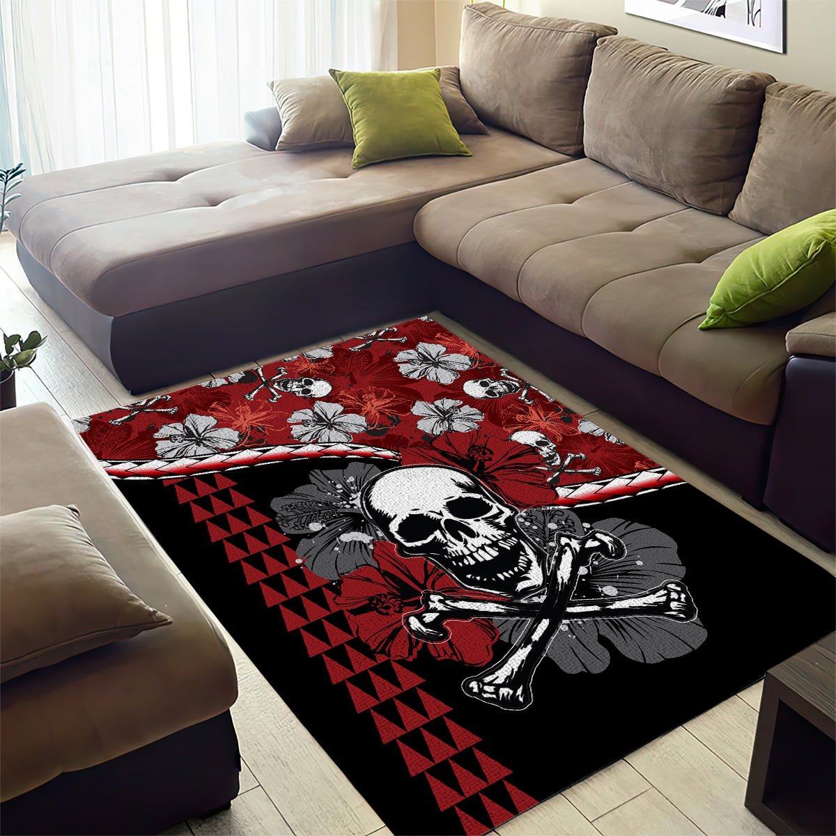 Hawaii Halloween Area Rug Hibiscus Skull Kakau Pattern - Wonder Print Shop