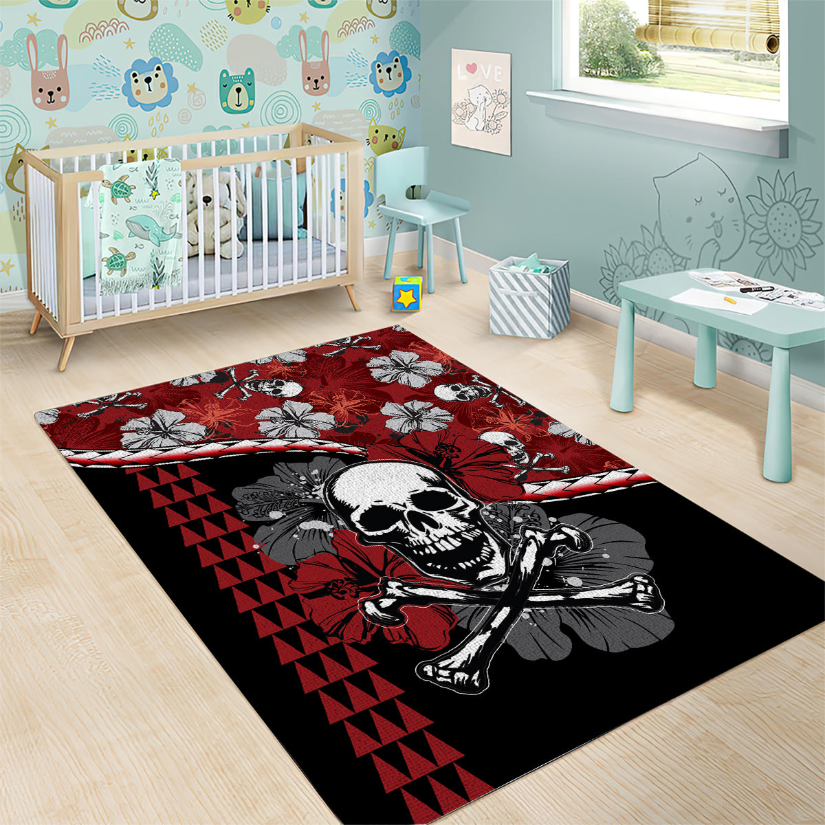 Hawaii Halloween Area Rug Hibiscus Skull Kakau Pattern - Wonder Print Shop