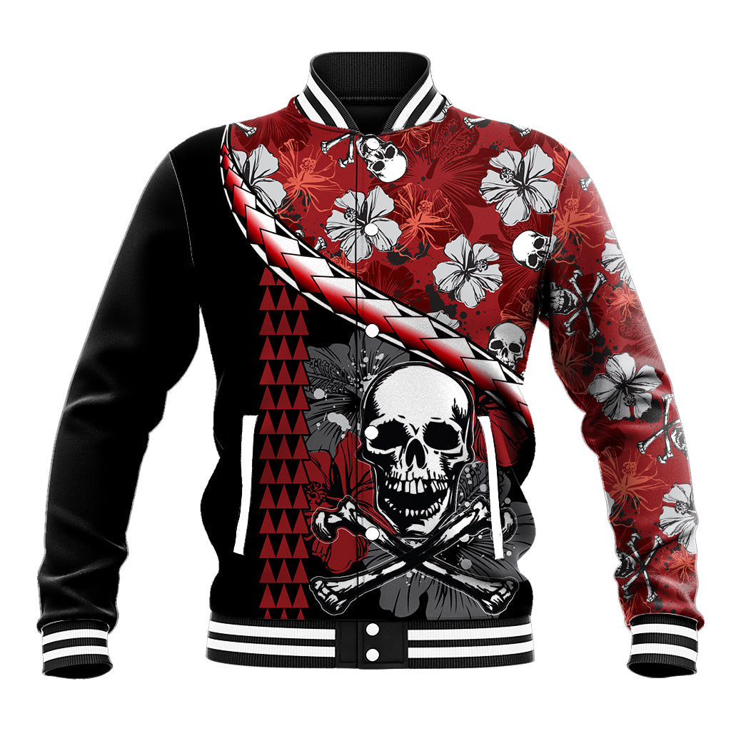 Hawaii Halloween Baseball Jacket Hibiscus Skull Kakau Pattern - Wonder Print Shop