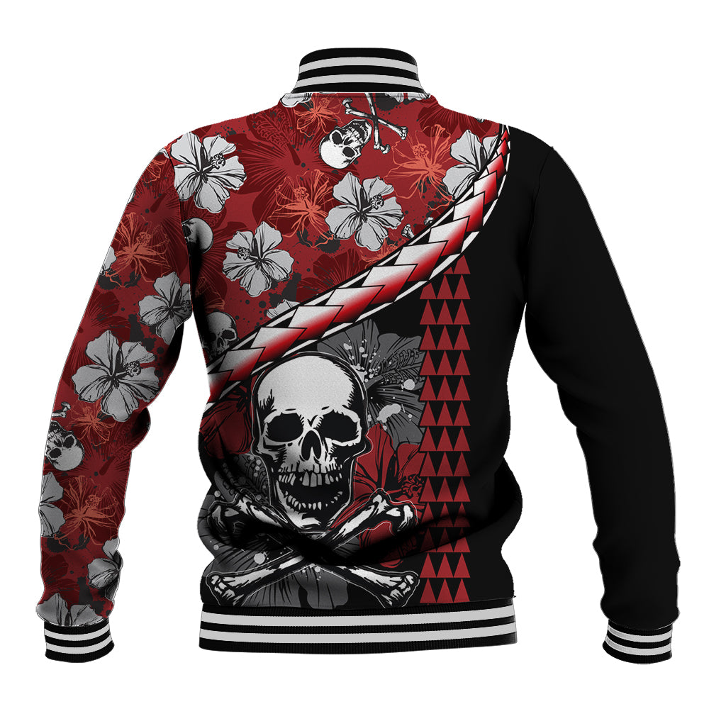 Hawaii Halloween Baseball Jacket Hibiscus Skull Kakau Pattern - Wonder Print Shop