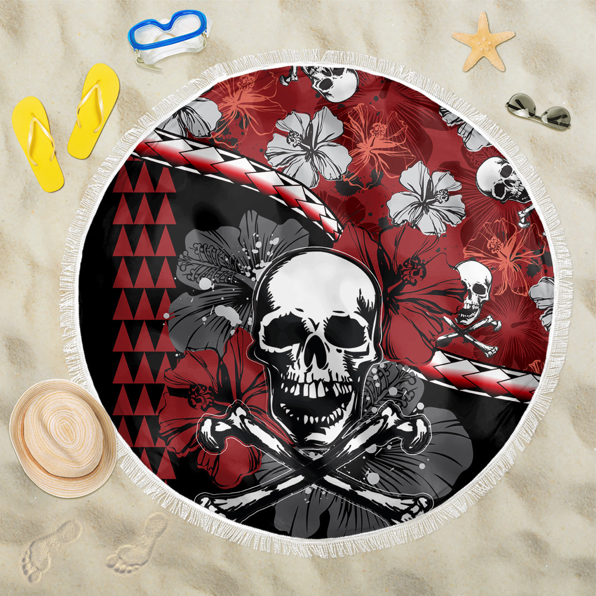 Hawaii Halloween Beach Blanket Hibiscus Skull Kakau Pattern - Wonder Print Shop