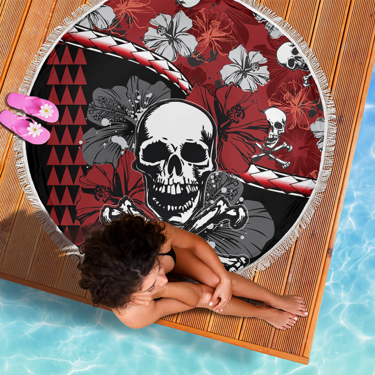 Hawaii Halloween Beach Blanket Hibiscus Skull Kakau Pattern - Wonder Print Shop