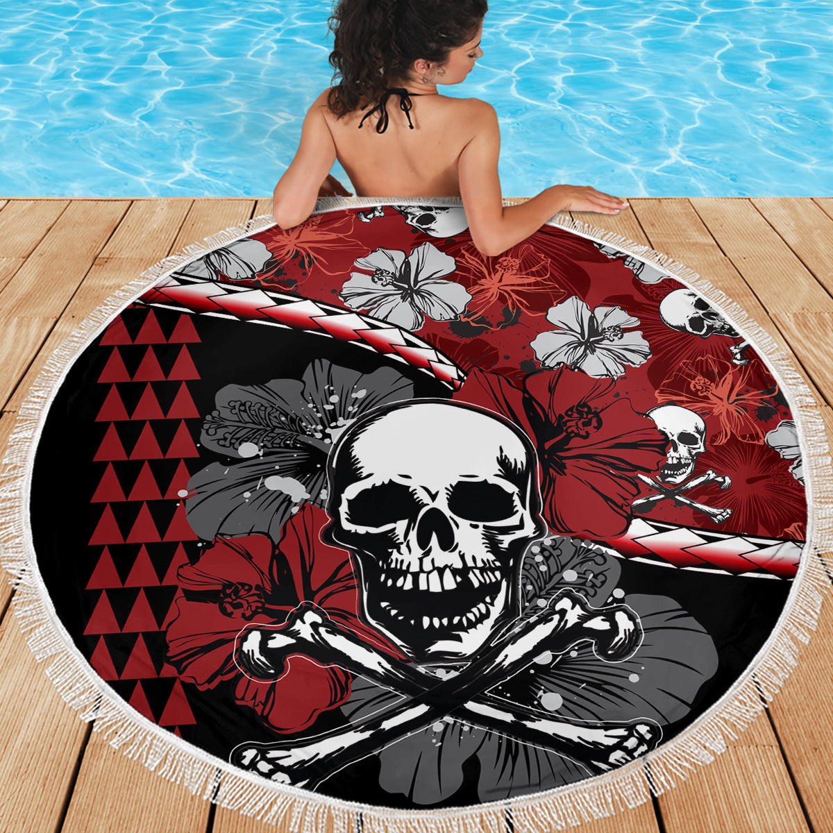 Hawaii Halloween Beach Blanket Hibiscus Skull Kakau Pattern - Wonder Print Shop