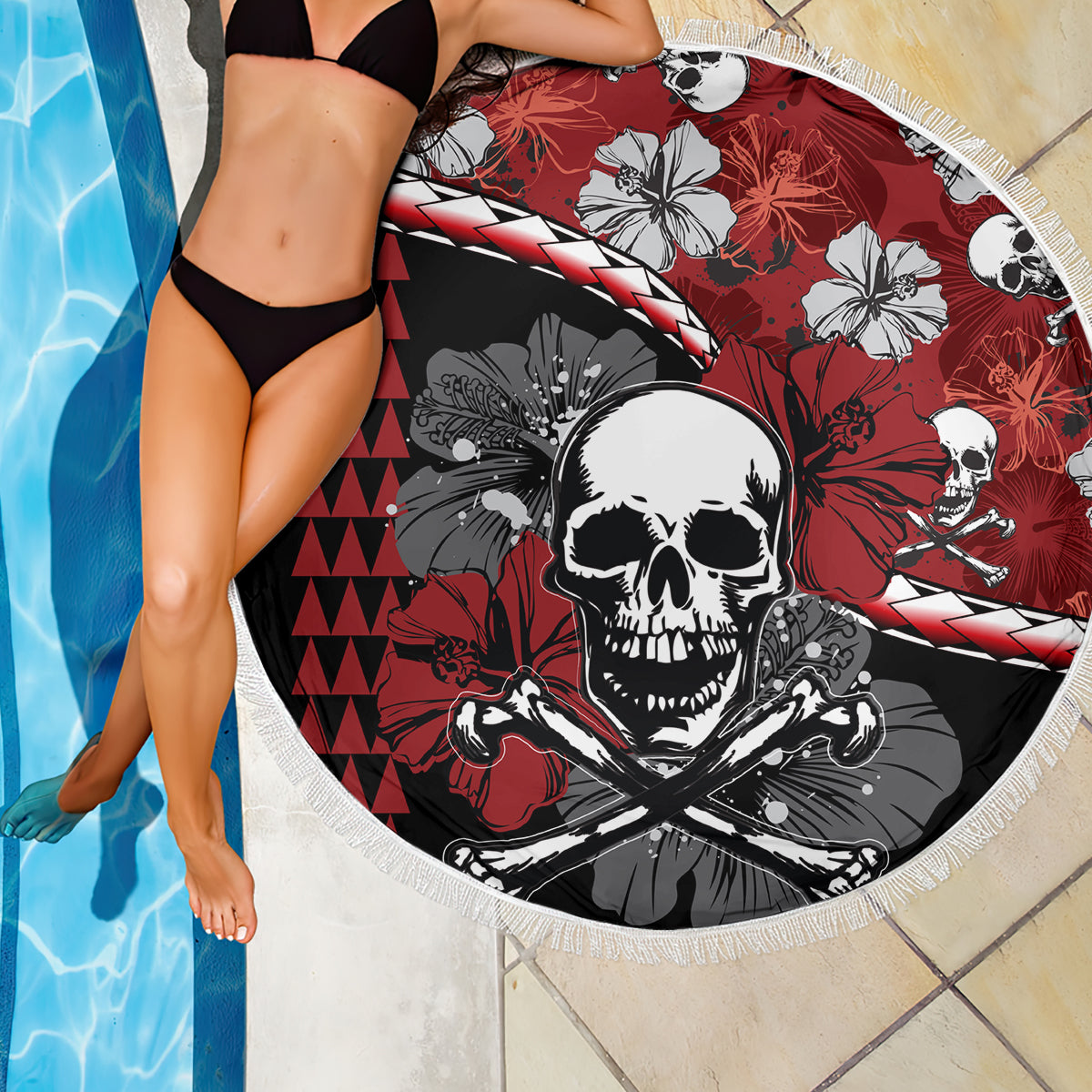 Hawaii Halloween Beach Blanket Hibiscus Skull Kakau Pattern - Wonder Print Shop