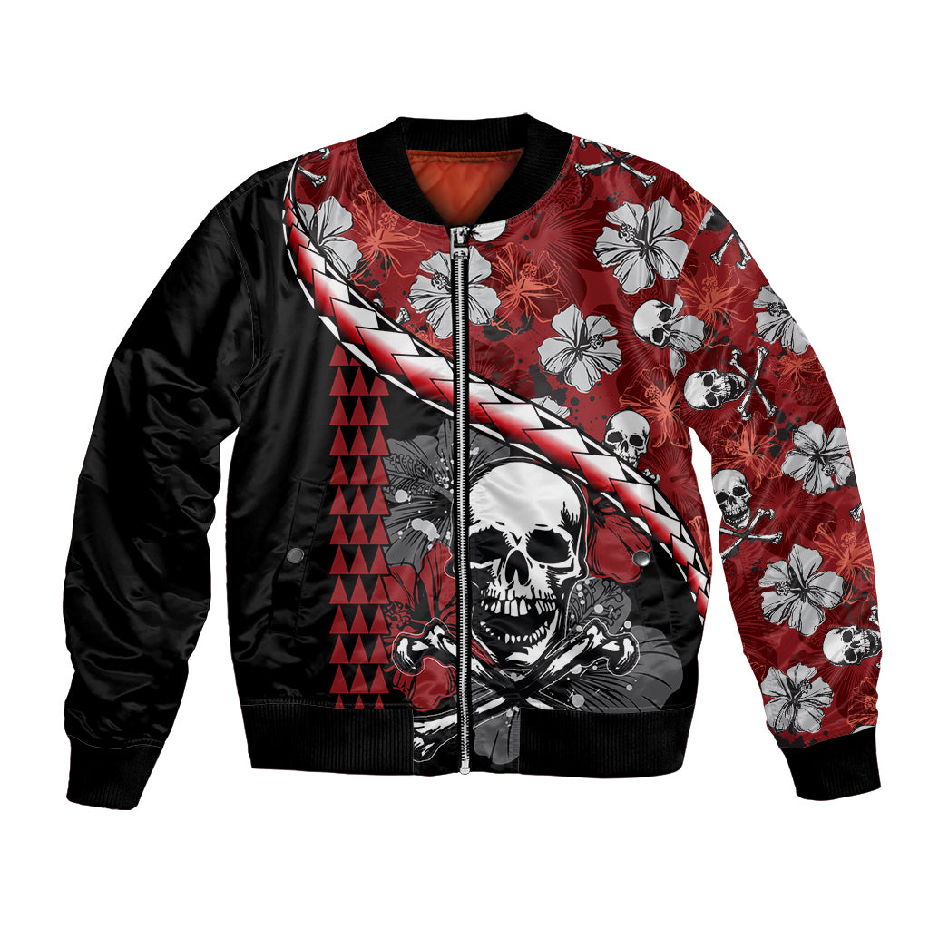 Hawaii Halloween Bomber Jacket Hibiscus Skull Kakau Pattern - Wonder Print Shop