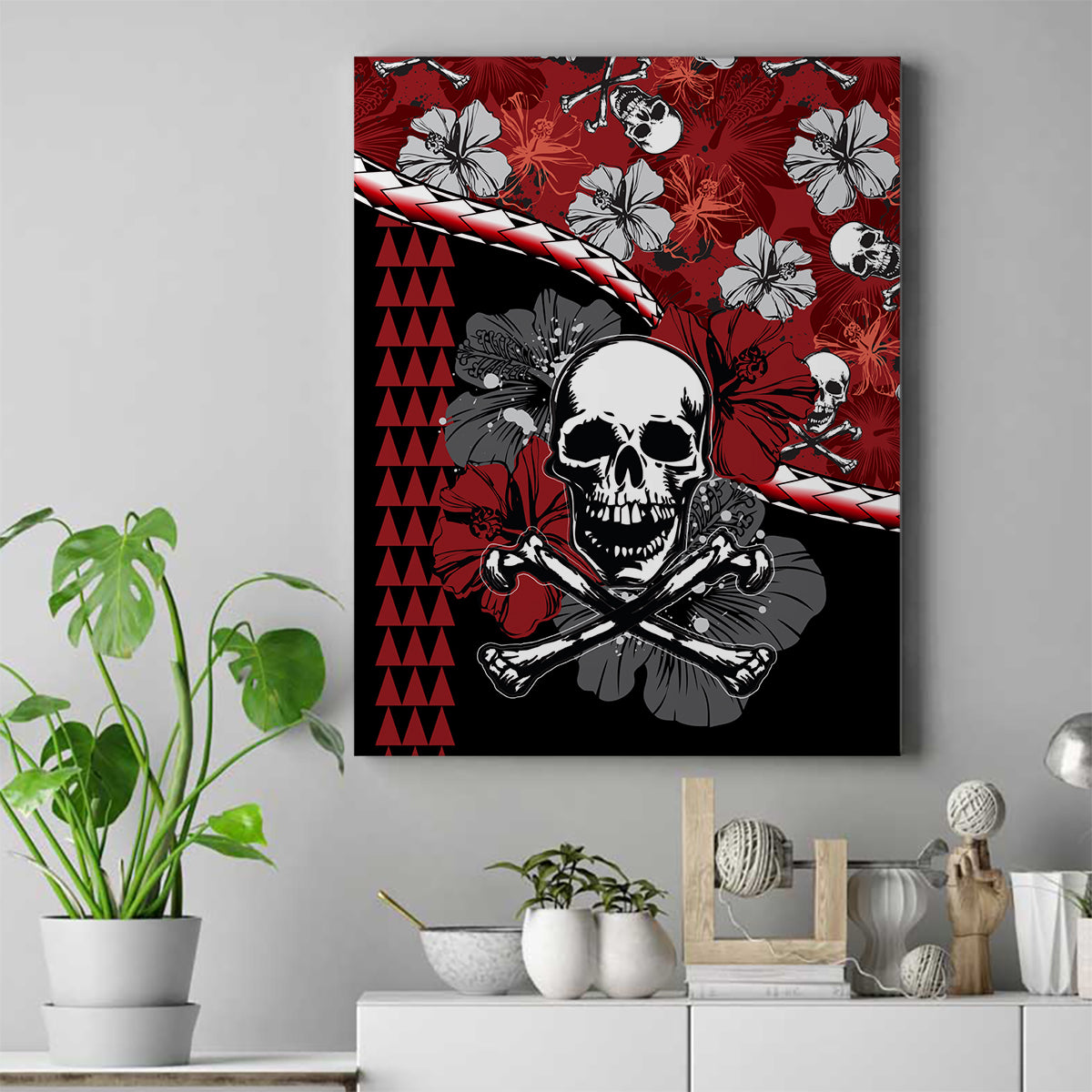 Hawaii Halloween Canvas Wall Art Hibiscus Skull Kakau Pattern - Wonder Print Shop