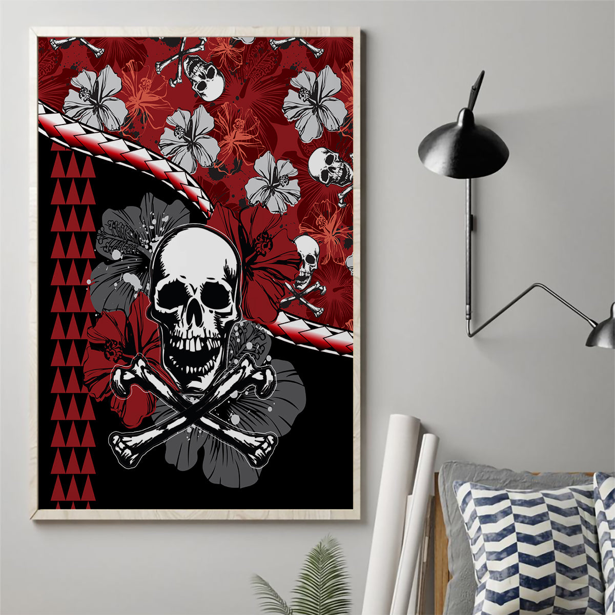 Hawaii Halloween Canvas Wall Art Hibiscus Skull Kakau Pattern - Wonder Print Shop