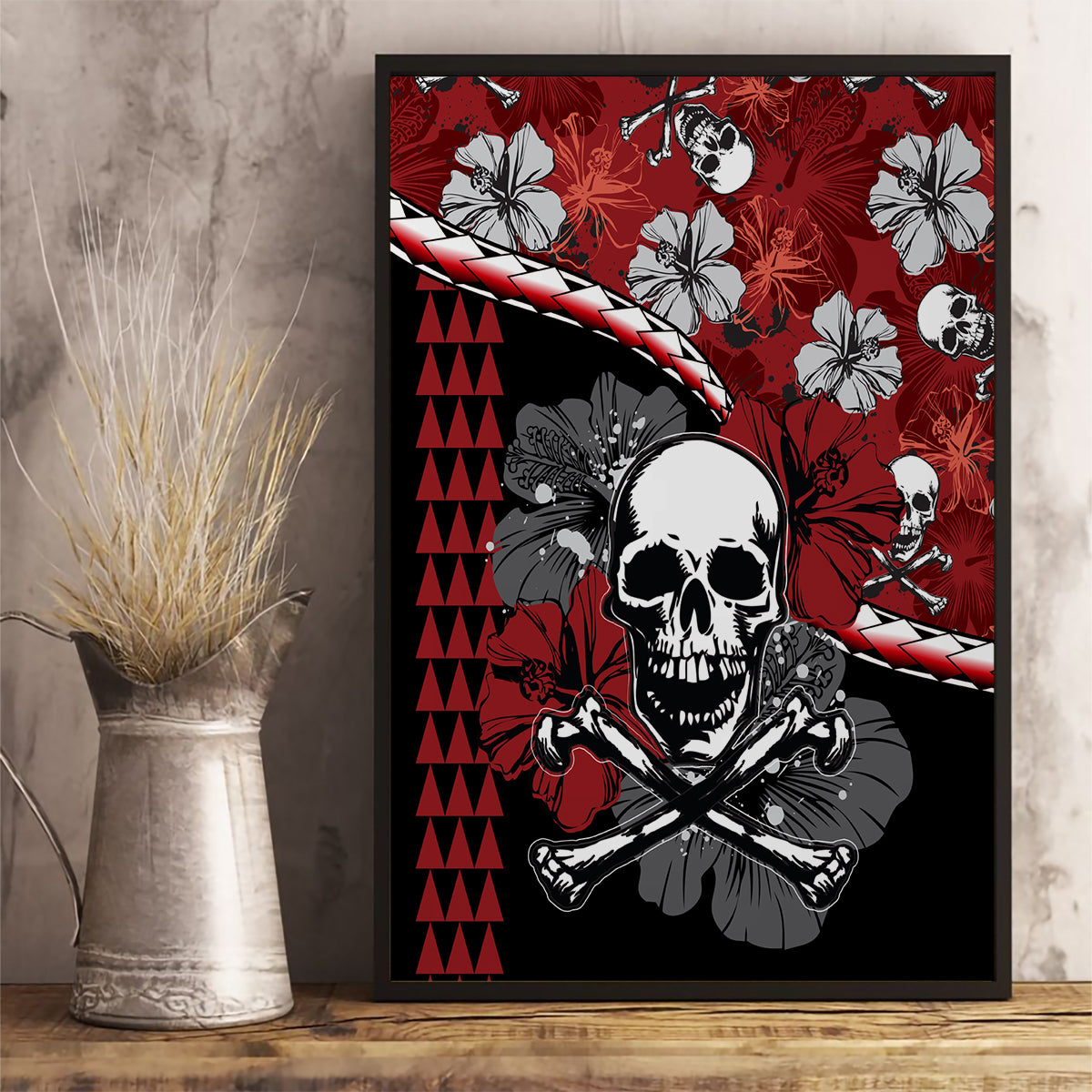Hawaii Halloween Canvas Wall Art Hibiscus Skull Kakau Pattern - Wonder Print Shop