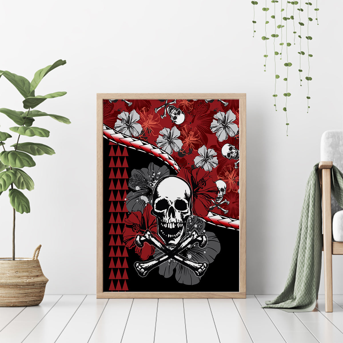 Hawaii Halloween Canvas Wall Art Hibiscus Skull Kakau Pattern - Wonder Print Shop