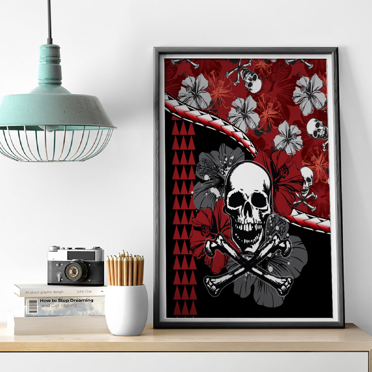 Hawaii Halloween Canvas Wall Art Hibiscus Skull Kakau Pattern - Wonder Print Shop