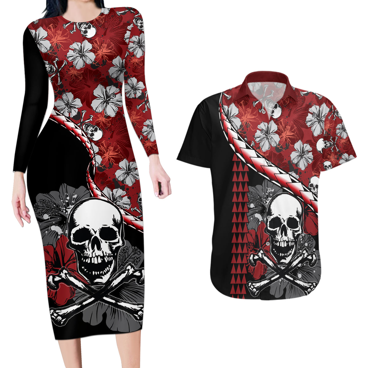 Hawaii Halloween Couples Matching Long Sleeve Bodycon Dress and Hawaiian Shirt Hibiscus Skull Kakau Pattern - Wonder Print Shop