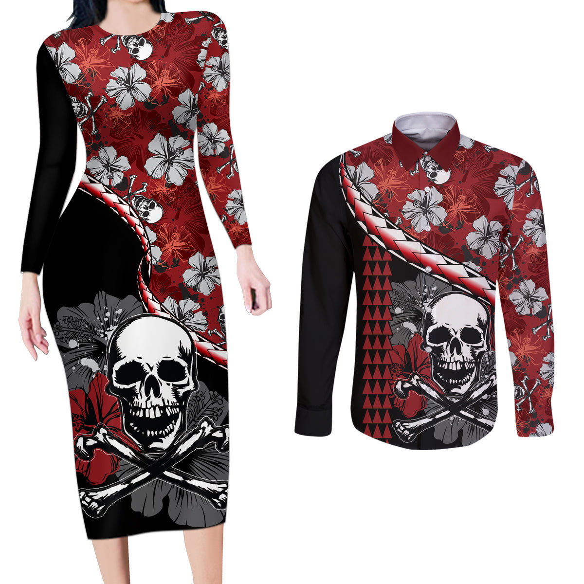 Hawaii Halloween Couples Matching Long Sleeve Bodycon Dress and Long Sleeve Button Shirts Hibiscus Skull Kakau Pattern - Wonder Print Shop