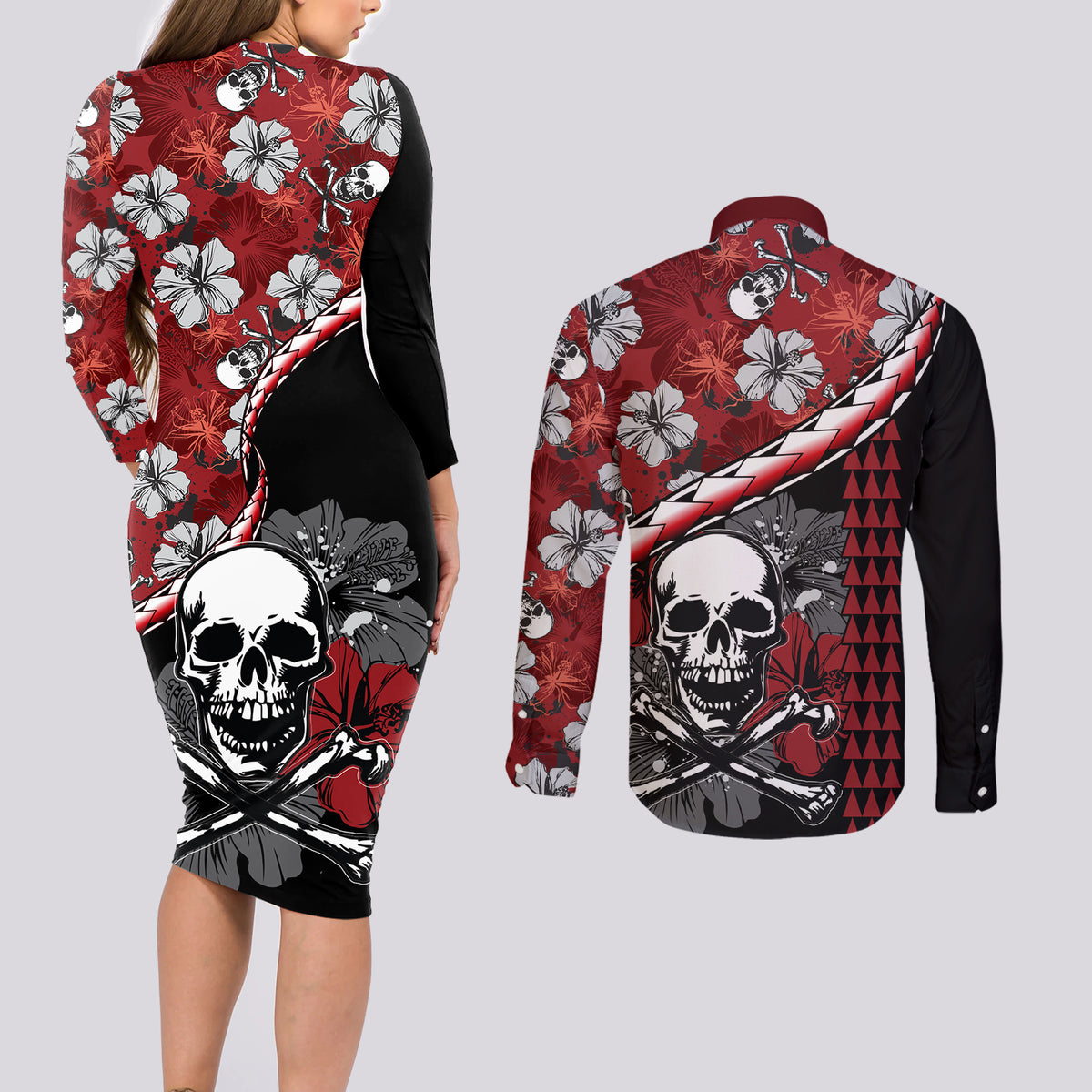 Hawaii Halloween Couples Matching Long Sleeve Bodycon Dress and Long Sleeve Button Shirts Hibiscus Skull Kakau Pattern - Wonder Print Shop