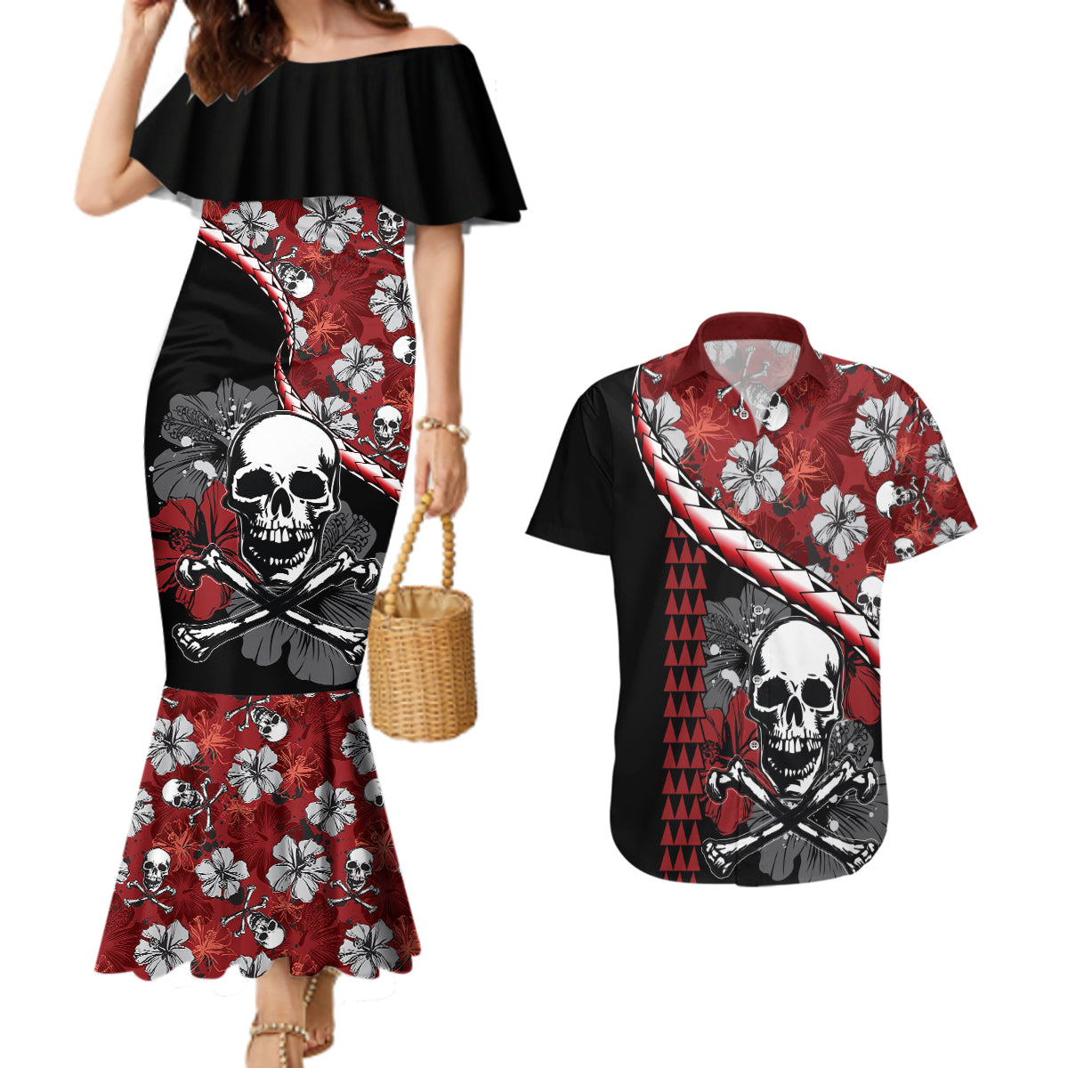 Hawaii Halloween Couples Matching Mermaid Dress and Hawaiian Shirt Hibiscus Skull Kakau Pattern - Wonder Print Shop
