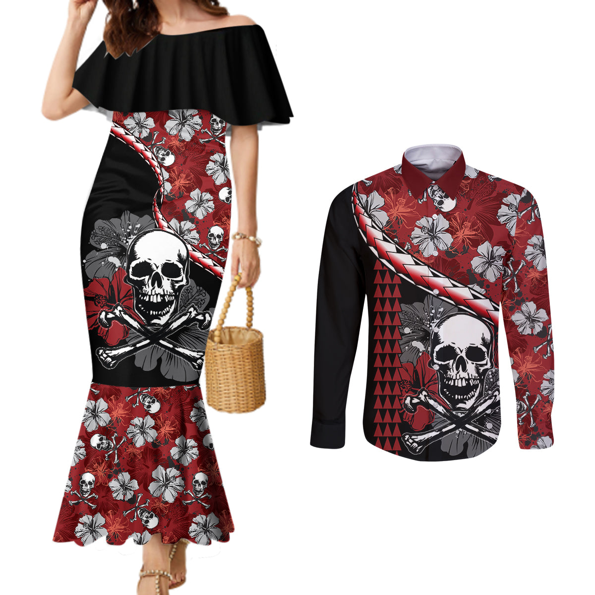 hawaii-halloween-couples-matching-mermaid-dress-and-long-sleeve-button-shirts-hibiscus-skull-kakau-pattern