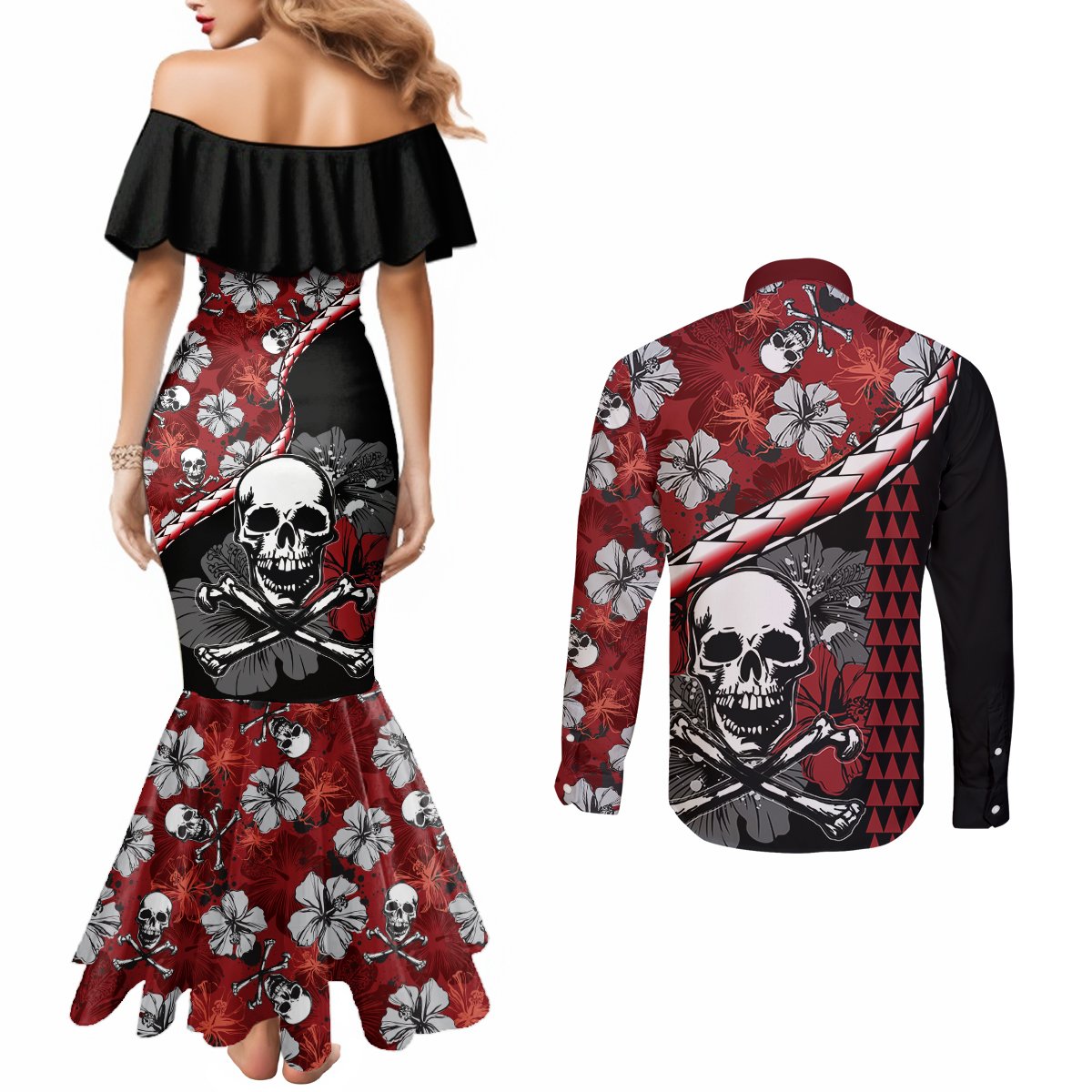 hawaii-halloween-couples-matching-mermaid-dress-and-long-sleeve-button-shirts-hibiscus-skull-kakau-pattern