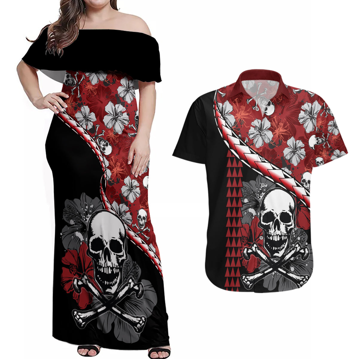 Hawaii Halloween Couples Matching Off Shoulder Maxi Dress and Hawaiian Shirt Hibiscus Skull Kakau Pattern - Wonder Print Shop