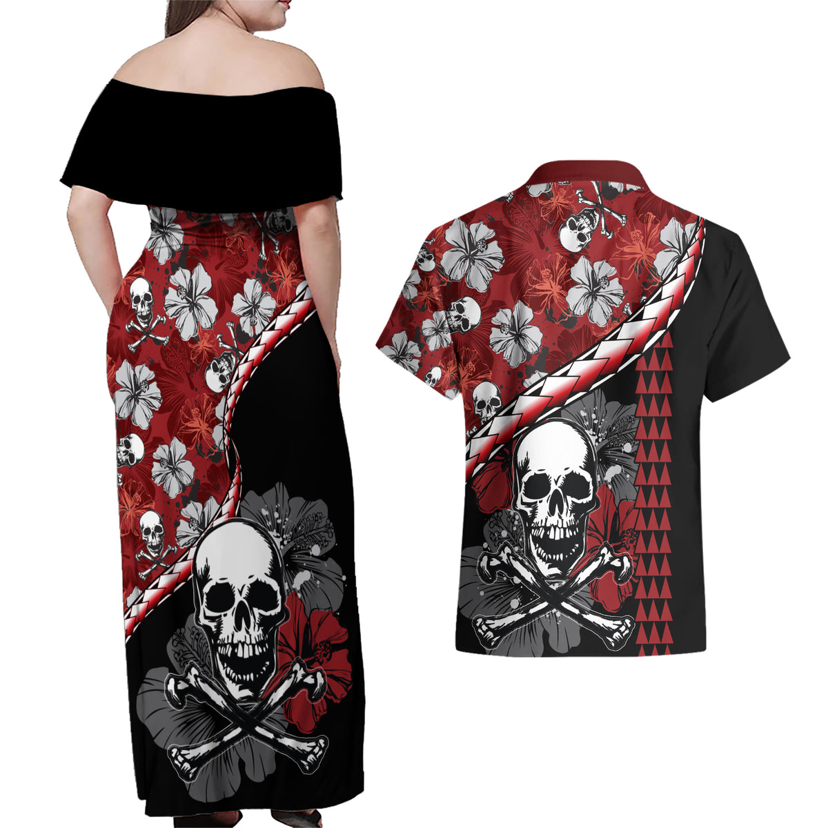 Hawaii Halloween Couples Matching Off Shoulder Maxi Dress and Hawaiian Shirt Hibiscus Skull Kakau Pattern - Wonder Print Shop