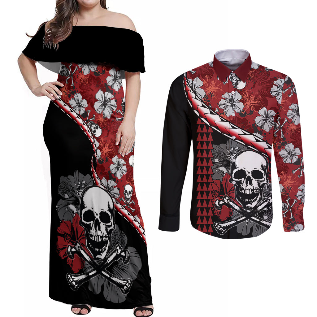 Hawaii Halloween Couples Matching Off Shoulder Maxi Dress and Long Sleeve Button Shirts Hibiscus Skull Kakau Pattern - Wonder Print Shop