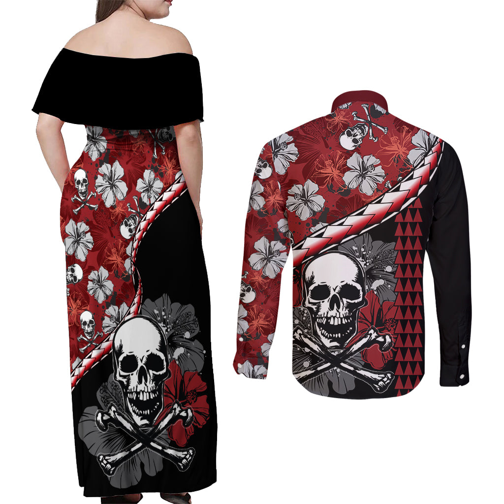 Hawaii Halloween Couples Matching Off Shoulder Maxi Dress and Long Sleeve Button Shirts Hibiscus Skull Kakau Pattern - Wonder Print Shop