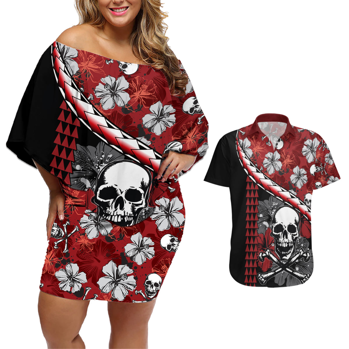 Hawaii Halloween Couples Matching Off Shoulder Short Dress and Hawaiian Shirt Hibiscus Skull Kakau Pattern - Wonder Print Shop