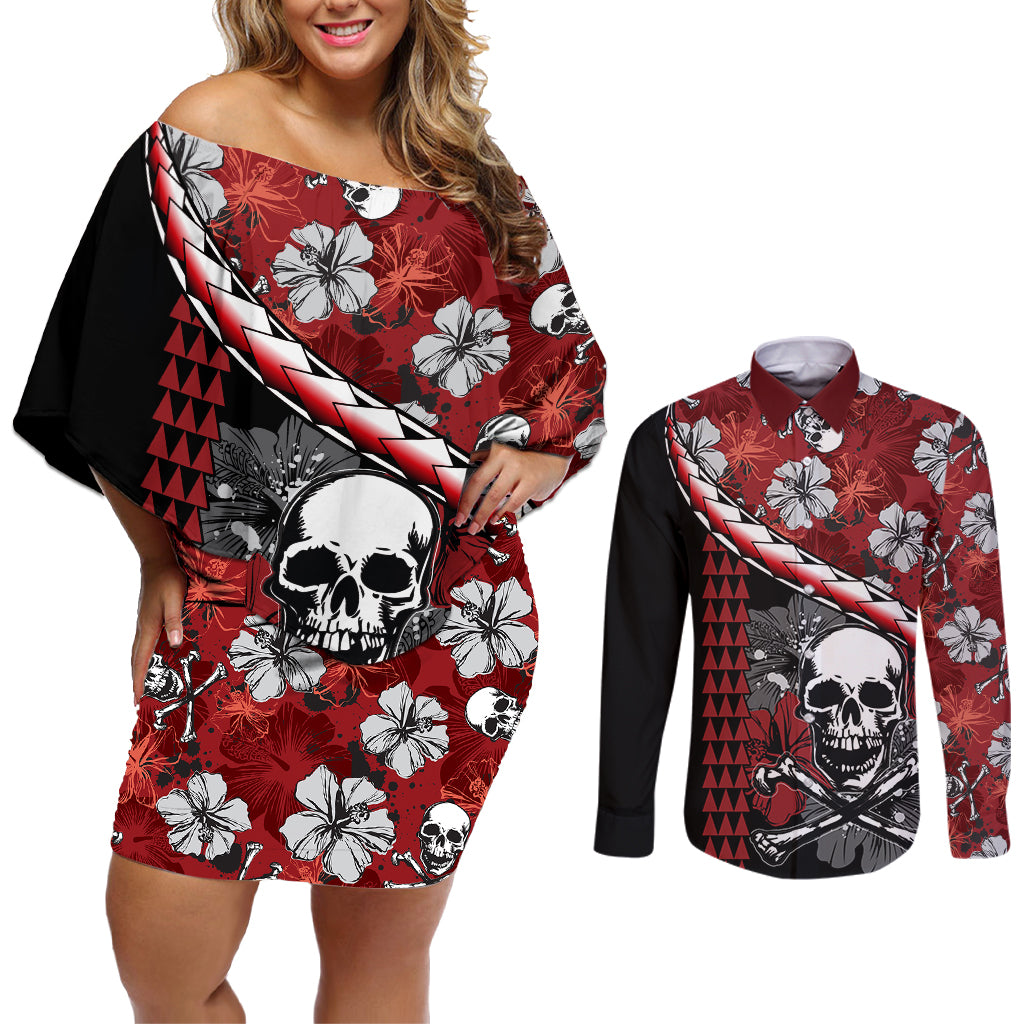 Hawaii Halloween Couples Matching Off Shoulder Short Dress and Long Sleeve Button Shirts Hibiscus Skull Kakau Pattern - Wonder Print Shop