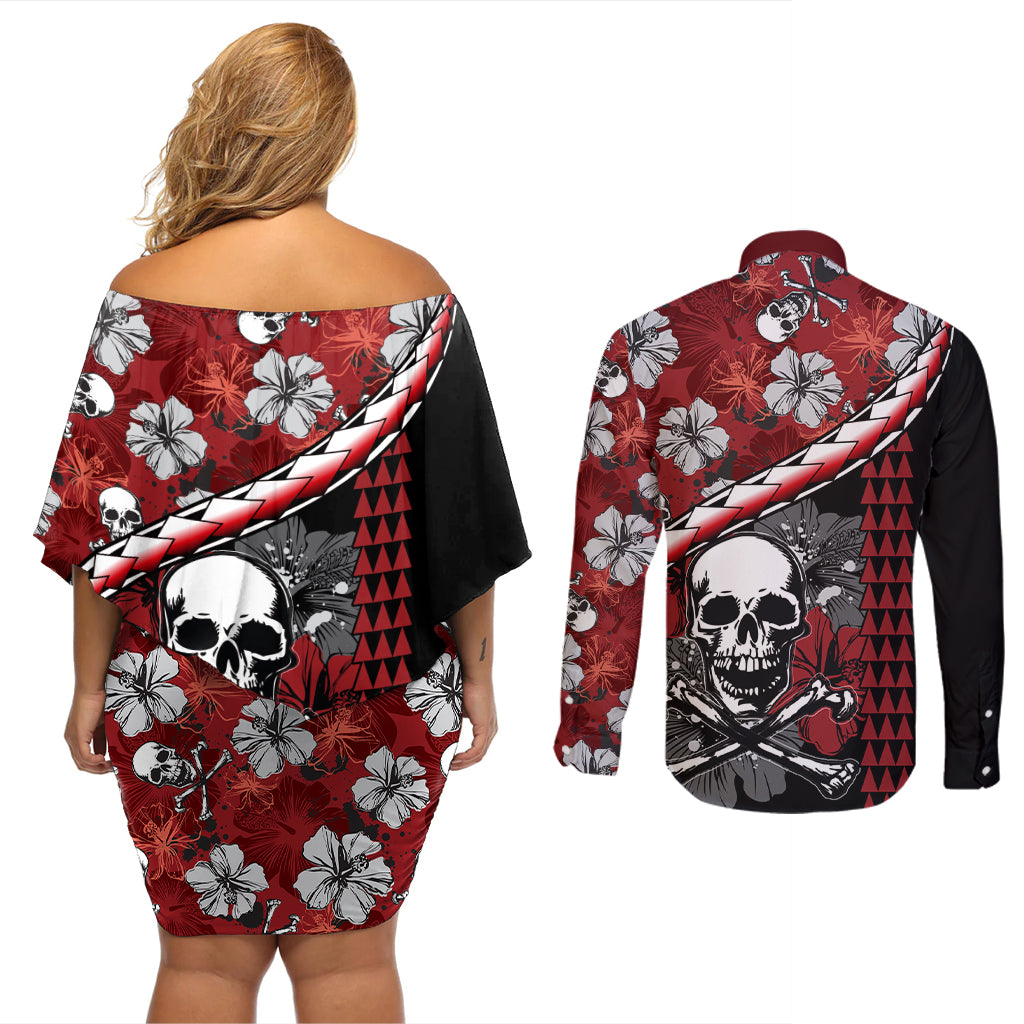 Hawaii Halloween Couples Matching Off Shoulder Short Dress and Long Sleeve Button Shirts Hibiscus Skull Kakau Pattern - Wonder Print Shop