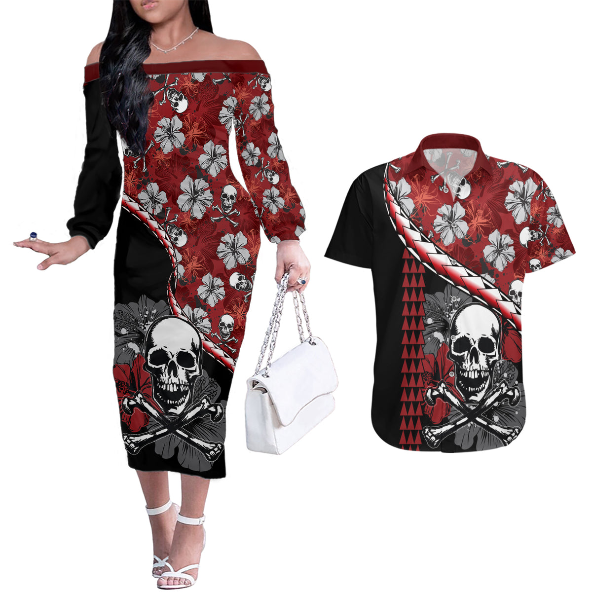 Hawaii Halloween Couples Matching Off The Shoulder Long Sleeve Dress and Hawaiian Shirt Hibiscus Skull Kakau Pattern - Wonder Print Shop