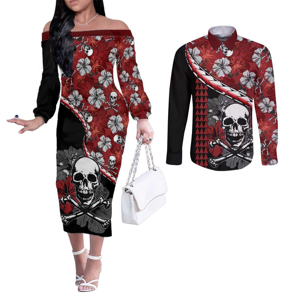 hawaii-halloween-couples-matching-off-the-shoulder-long-sleeve-dress-and-long-sleeve-button-shirts-hibiscus-skull-kakau-pattern