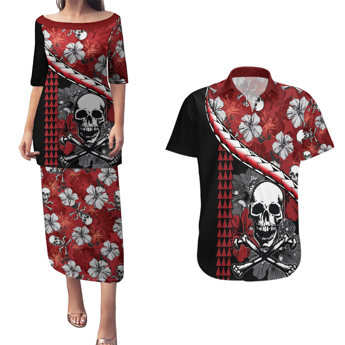 Hawaii Halloween Couples Matching Puletasi Dress and Hawaiian Shirt Hibiscus Skull Kakau Pattern - Wonder Print Shop