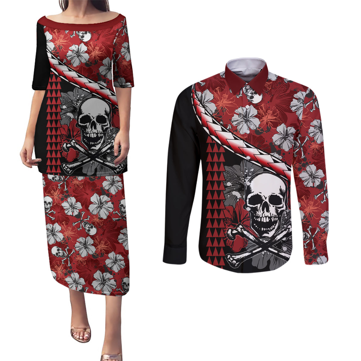 Hawaii Halloween Couples Matching Puletasi Dress and Long Sleeve Button Shirts Hibiscus Skull Kakau Pattern - Wonder Print Shop