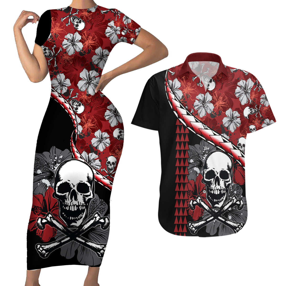 Hawaii Halloween Couples Matching Short Sleeve Bodycon Dress and Hawaiian Shirt Hibiscus Skull Kakau Pattern - Wonder Print Shop