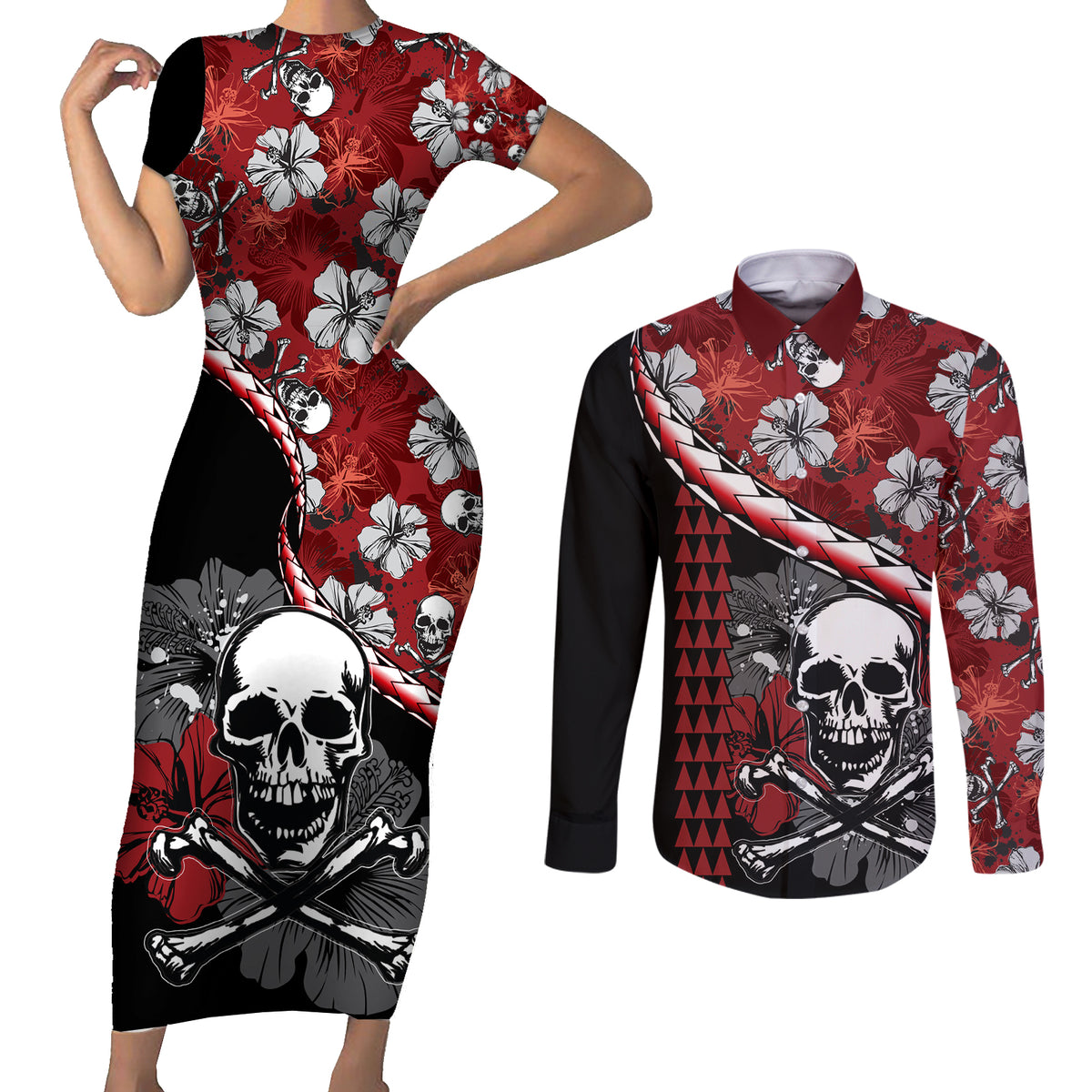 Hawaii Halloween Couples Matching Short Sleeve Bodycon Dress and Long Sleeve Button Shirts Hibiscus Skull Kakau Pattern - Wonder Print Shop