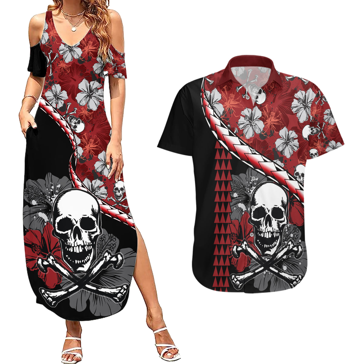 Hawaii Halloween Couples Matching Summer Maxi Dress and Hawaiian Shirt Hibiscus Skull Kakau Pattern - Wonder Print Shop